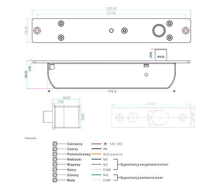 Scot EB-1700 elektrozamek trzpieniowy wpuszczany 2000kg, standardowy (NC - drzwi zamknięte bez napięcia), sygnalizacja, autoblokada, zwłoka czasowa