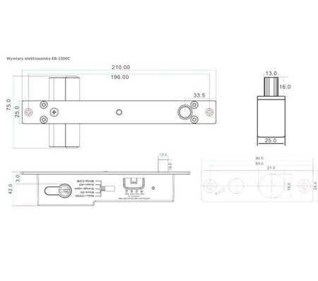 Scot EB-1500C elektrozamek trzpieniowy wpuszczany 1000kg, standardowy (NC - drzwi zamknięte bez napięcia), sygnalizacja, autoblokada, zwłoka czasowa