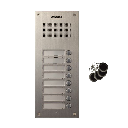 Commax Domofon wielorodzinny zestaw domofonowy stacja bramowa z czytnikiem RFID dla ośmiu abonentów DR-8UM/RFID + 8 unifonów DP-SS