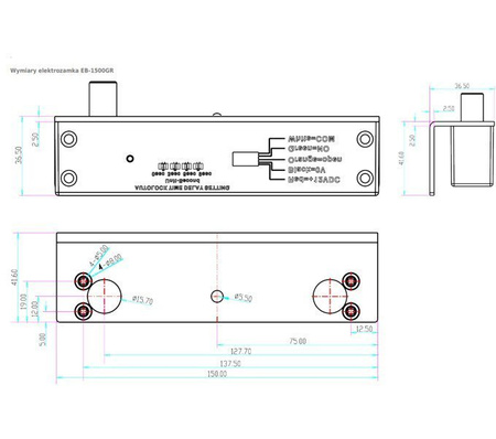 Scot EB-1500GR elektrozamek trzpieniowy do witryn szklanych 1000kg, rewersyjny (NO - drzwi otwarte bez napięcia), sygnalizacja, zwłoka czasowa