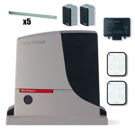 Nice ROBUS500HS zestaw automatyki 24V do bram przesuwnych o wadze do 500kg, wersja HI-SPEED zestaw z listwą zębatą i dwoma pilotami